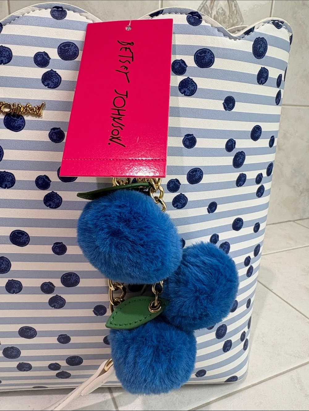 Betsey Johnson Striped Navy Blueberry Dot Tote Bag with Berry Pom Pom Charm
